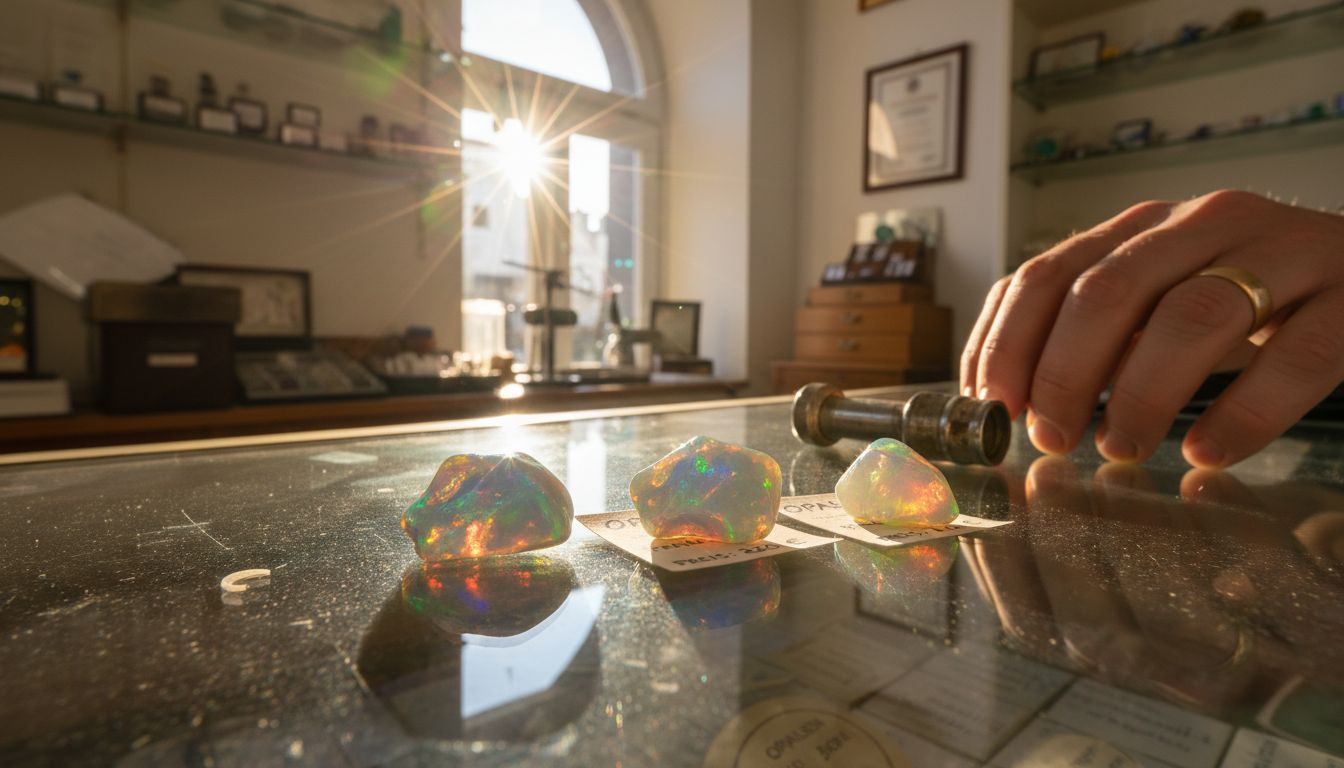 Australische Opale werden im Geschäft präsentiert und laden zum Staunen ein.