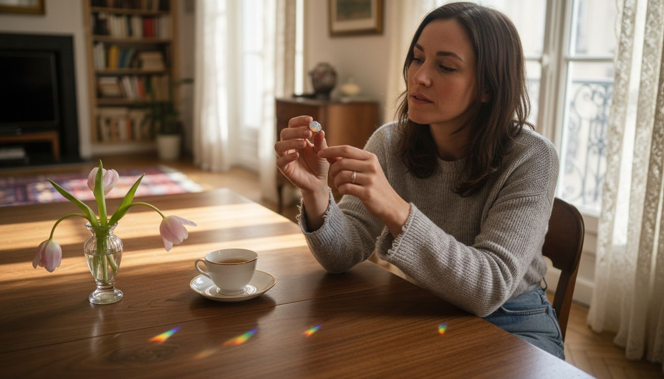Assise à table, une femme contemple attentivement une bague ornée d'une opale, fascinée par ses reflets changeants.