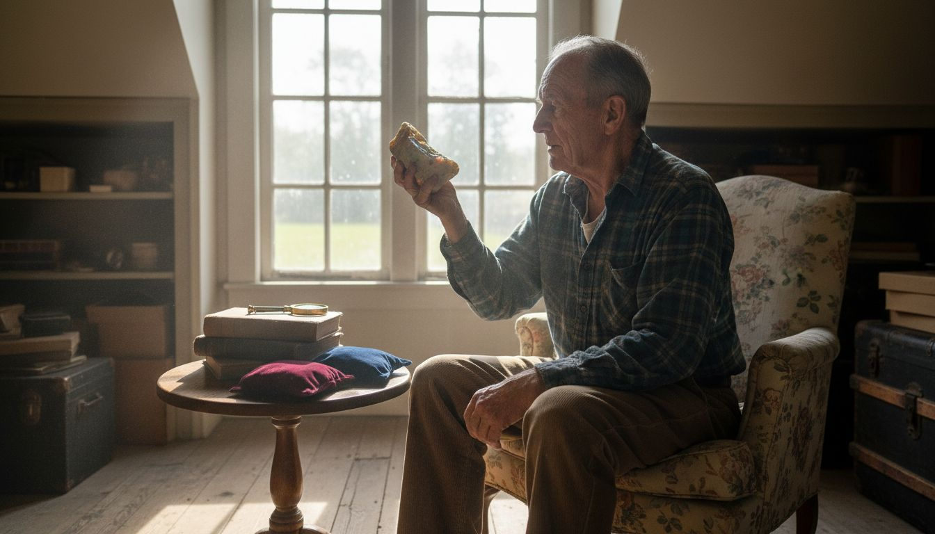 Près de la fenêtre, un homme contemple attentivement une opale boulder, captivé par ses reflets uniques.
