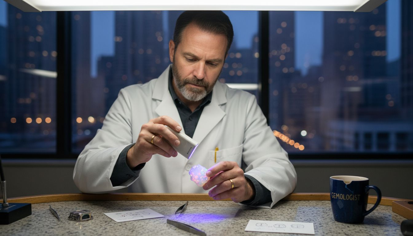 Gem expert studies fluorescent opal under UV light