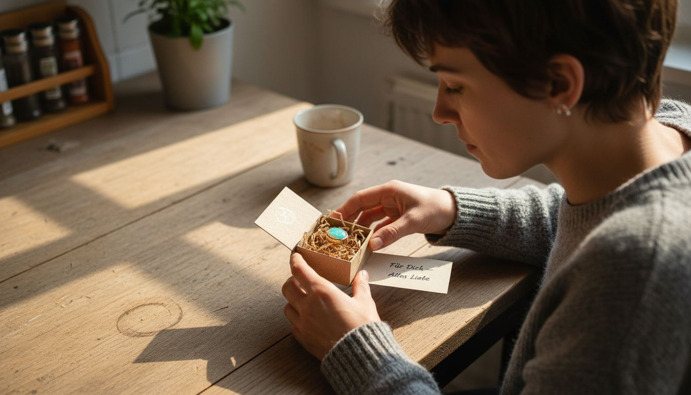 Eine Frau öffnet eine umweltfreundlich verpackte Geschenkbox mit Opalschmuck.