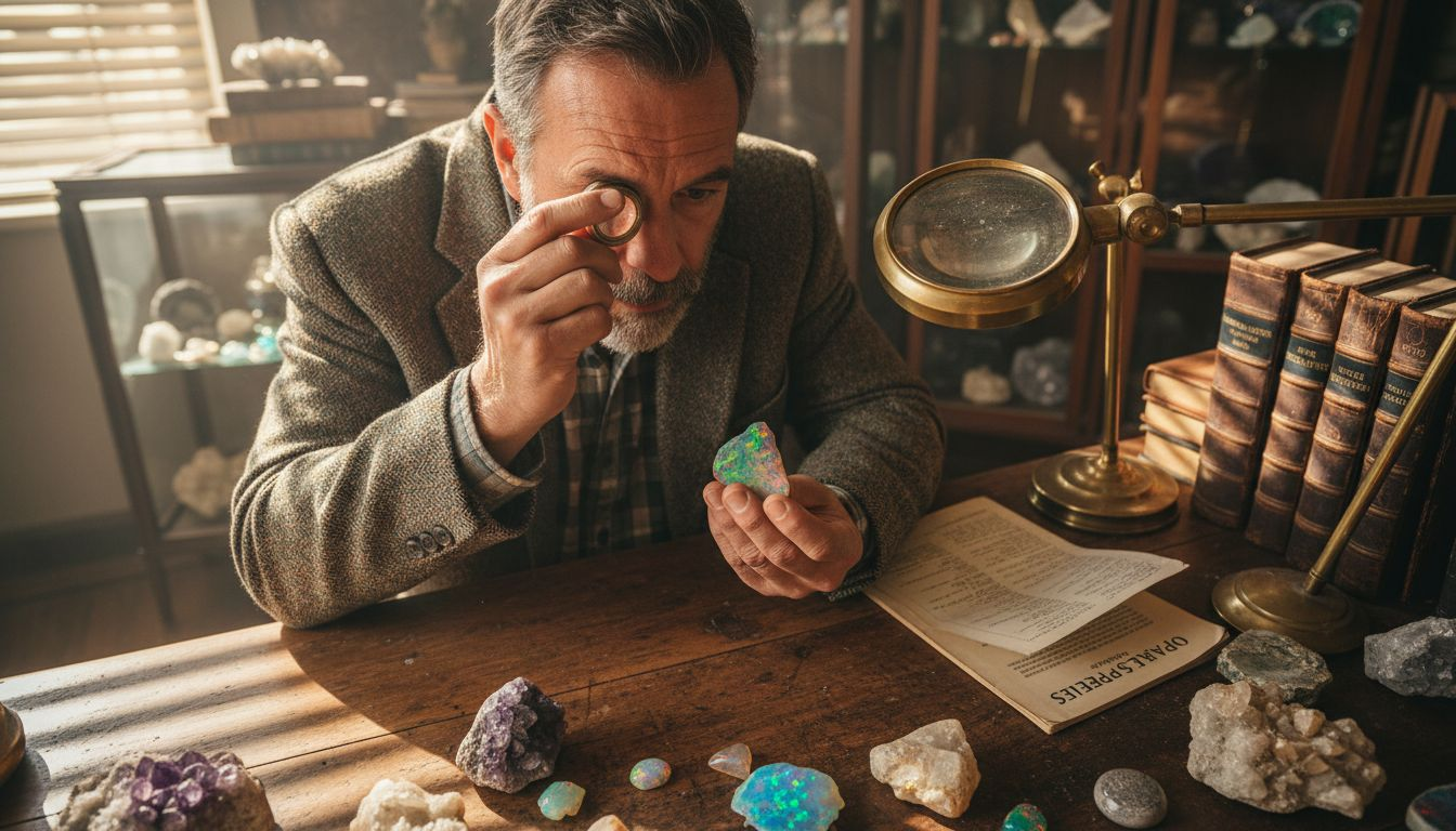 Un passionné de gemmologie observe attentivement des opales d’exception dans son atelier, à la recherche de leurs plus belles nuances et reflets.