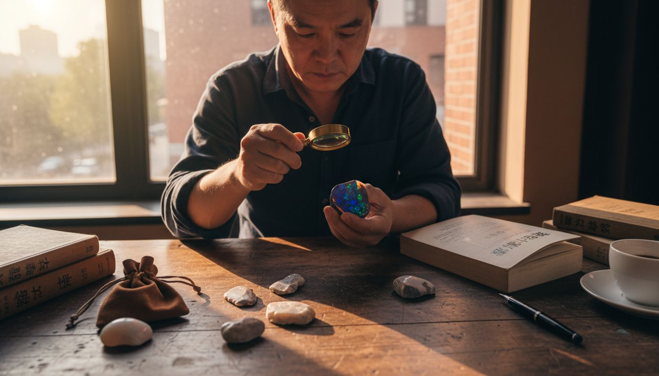 鉴赏师在桌面上细致观察欧泊原石的场景