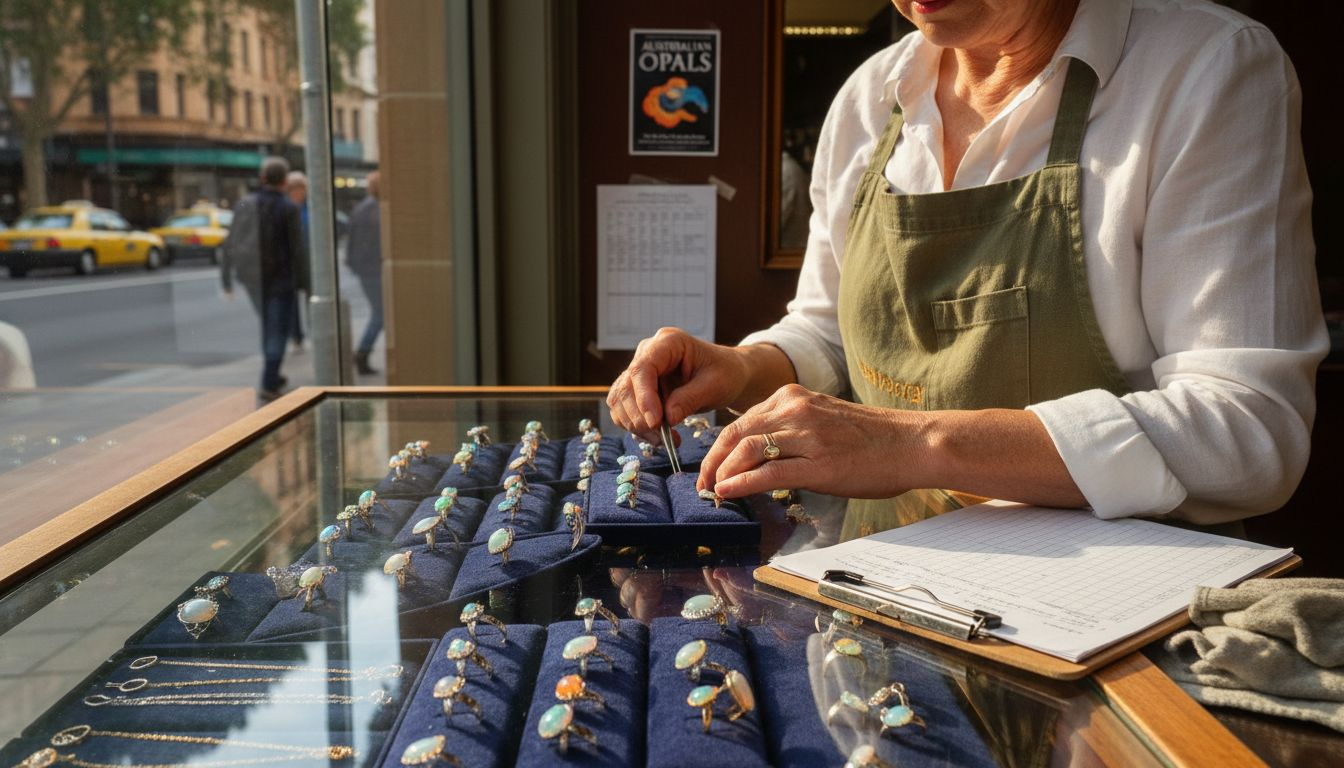 Jeweler arranging opal jewelry in boutique