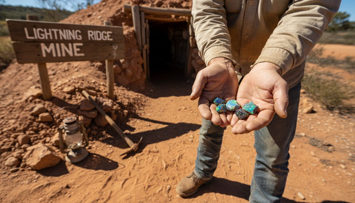 Miner holding black opals at Lightning Ridge