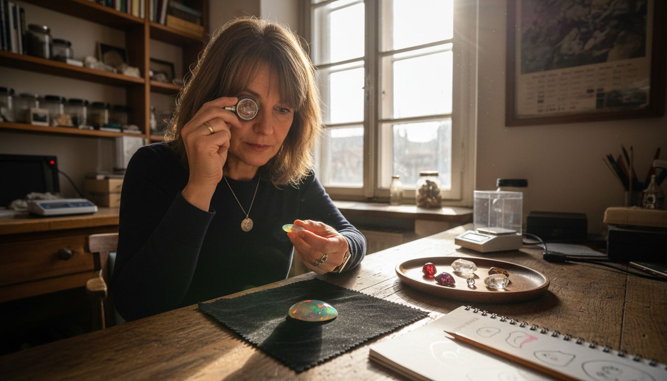 Ein Edelsteinexperte begutachtet einen Opal bei Tageslicht, um seine Farben und Qualität besser beurteilen zu können.