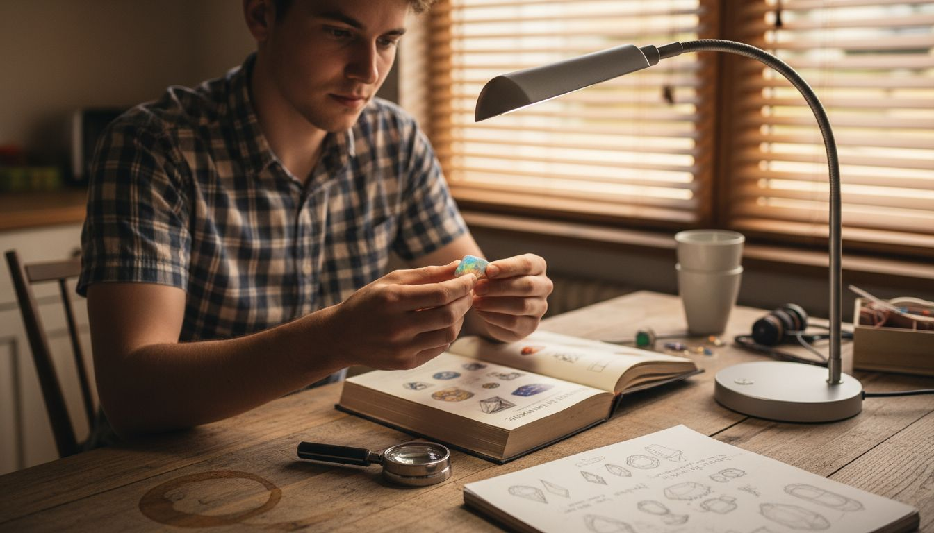 Ein Mann sitzt am Küchentisch und betrachtet aufmerksam einen Opal, um dessen Farbe zu beurteilen.