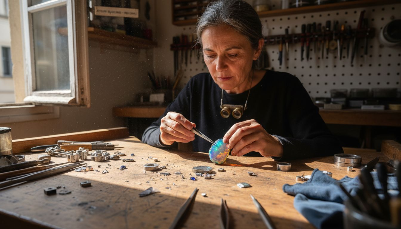 Un joaillier façonne minutieusement un serti d’opale sur son établi.