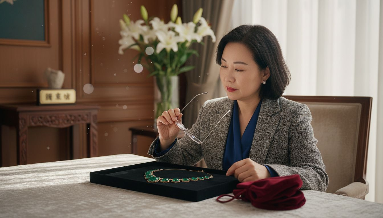 一位女士正在高端珠宝店里欣赏一条精美的祖母绿项链。