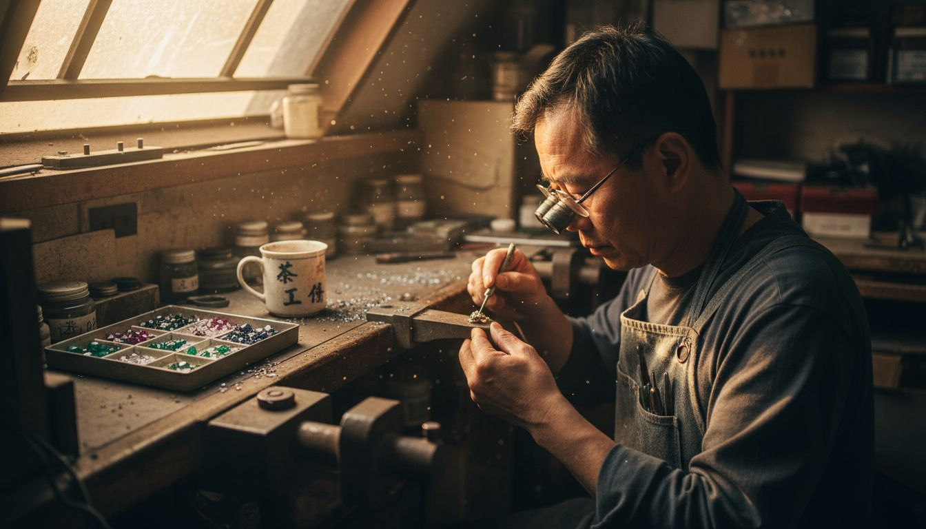 珠宝匠人在工作坊里精心雕琢宝石，专注于每一个细节，赋予每颗宝石独特的生命力。