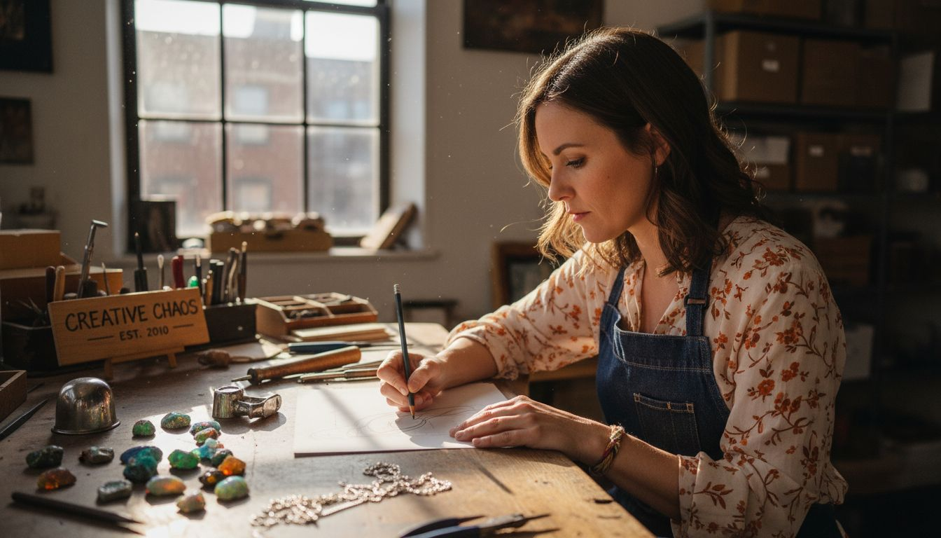 Jewelry designer sketching opal pendant at workbench