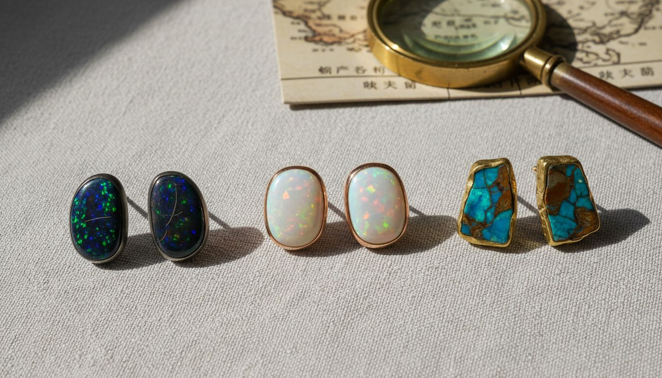 三款欧泊耳环细节实拍对比