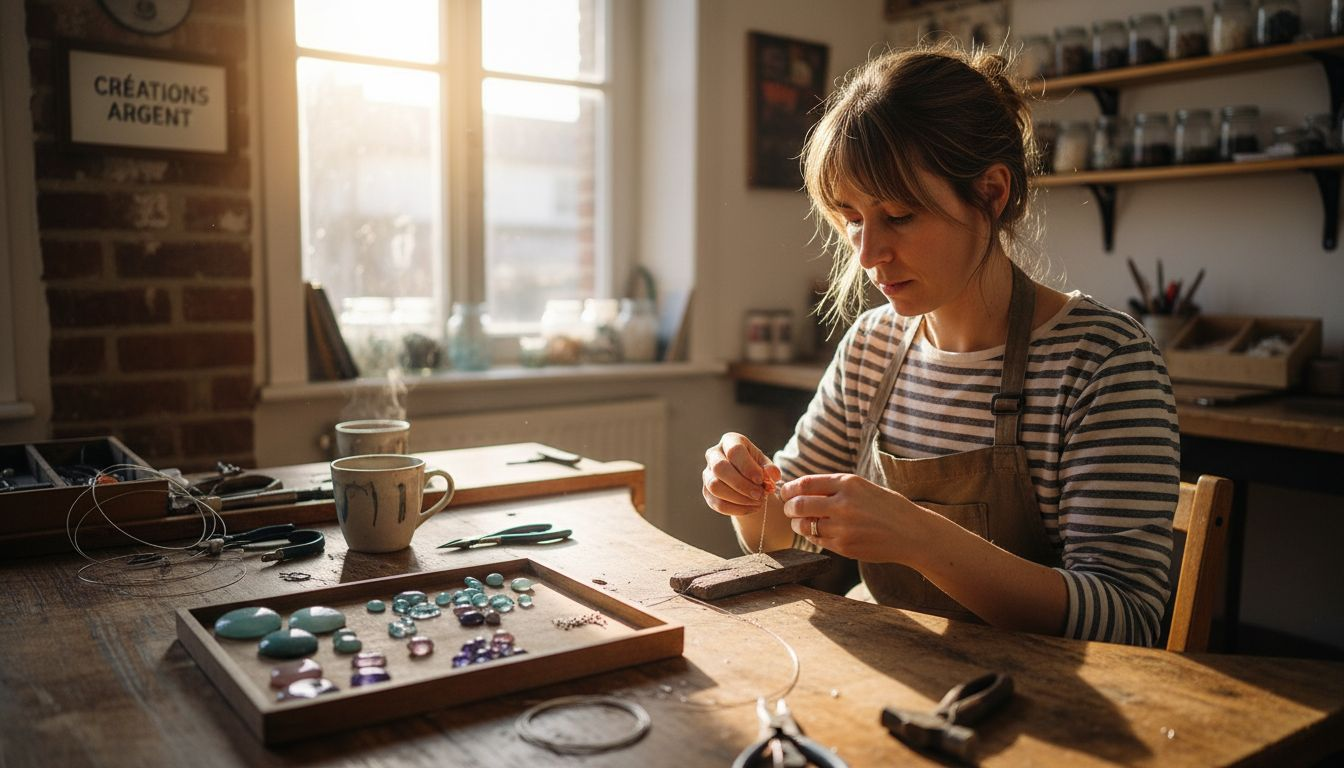 Un artisan façonne avec passion un collier en argent, entièrement réalisé à la main.