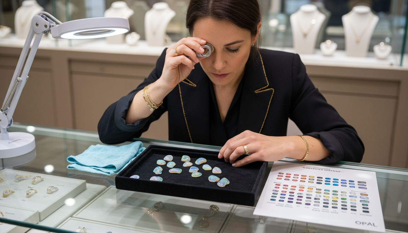 Jewelry specialist inspecting loose opals on tray