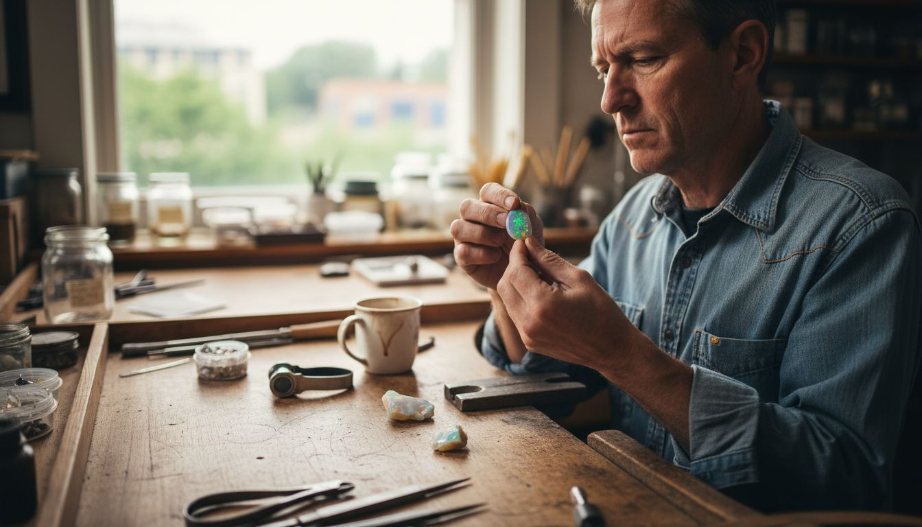 Man examining opal color at jeweler’s bench