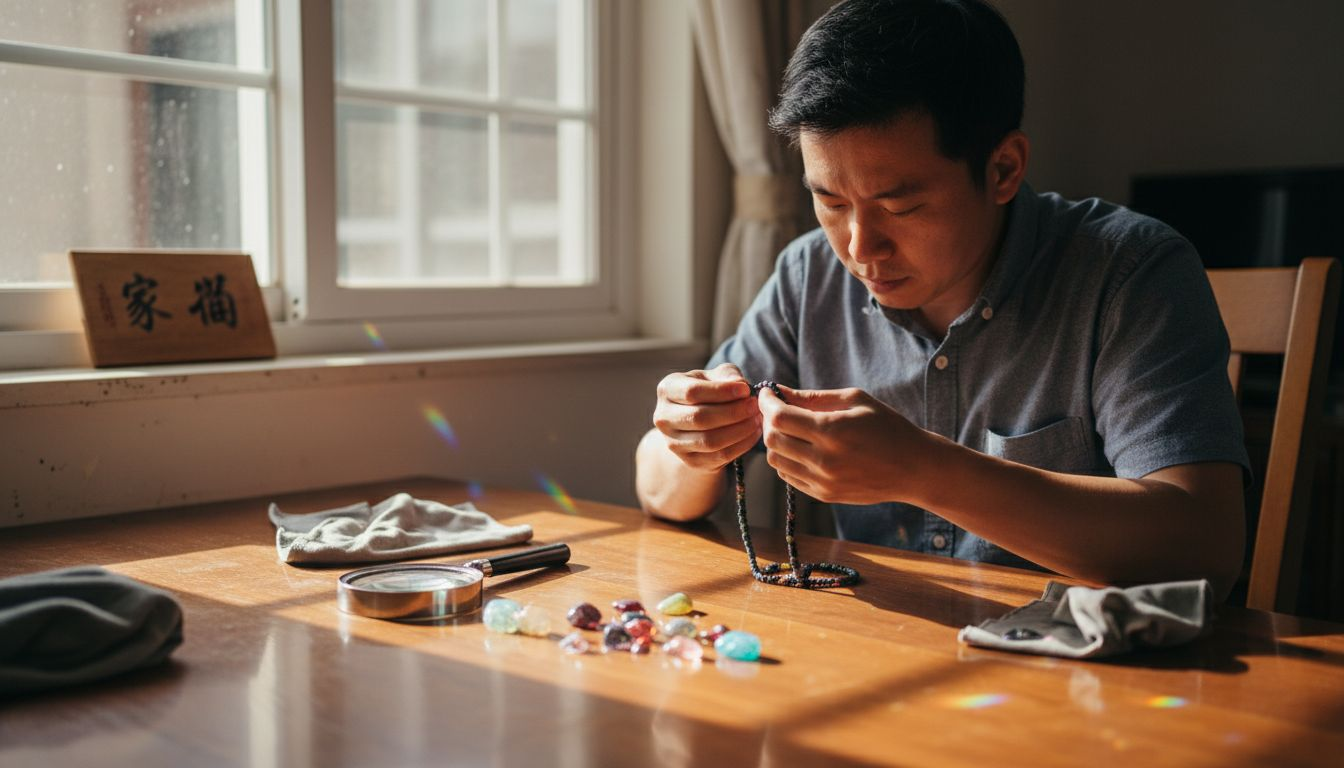 一位男士坐在餐桌旁，细细端详手中的欧泊项链，欣赏其流光溢彩。