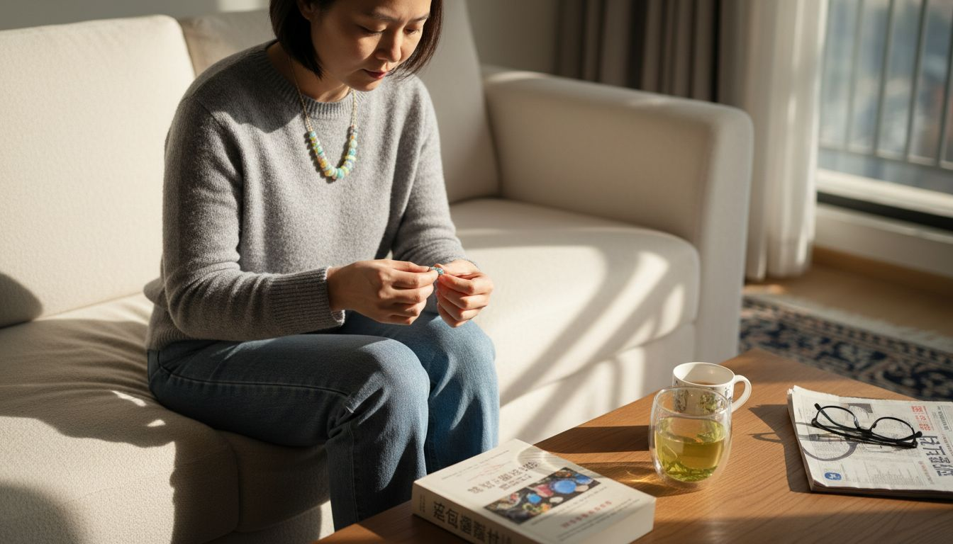 一位女性在客厅里佩戴着澳大利亚欧泊项链，散发着优雅与自信的气质。