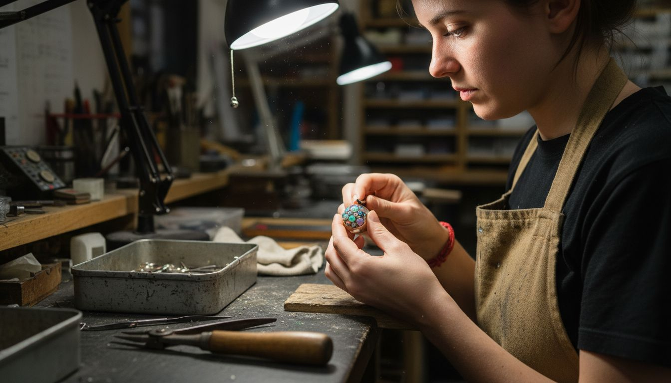 Artisane joaillière en plein travail de sertissage d’une bague ornée d’une opale