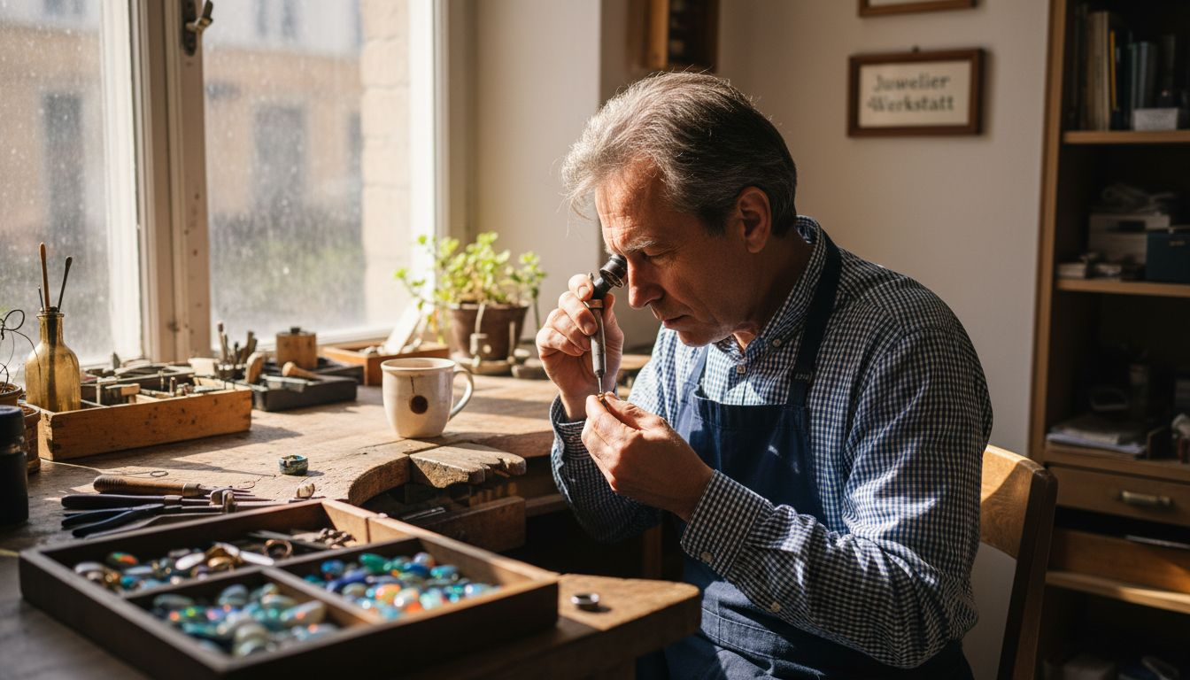 Eine Schmuckdesignerin graviert einen goldenen Ring mit viel Liebe zum Detail.