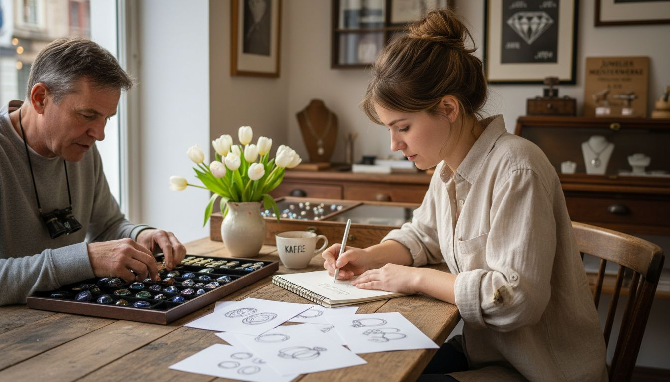 Der Kunde informiert sich über individuelle Schmuckanfertigungen und bespricht seine persönlichen Wünsche mit dem Juwelier.