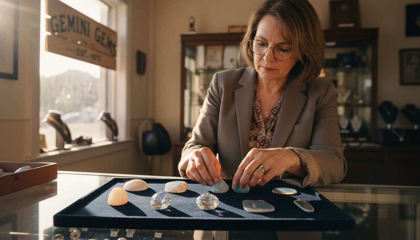 Jewelry appraiser arranging seven opal cuts on display tray