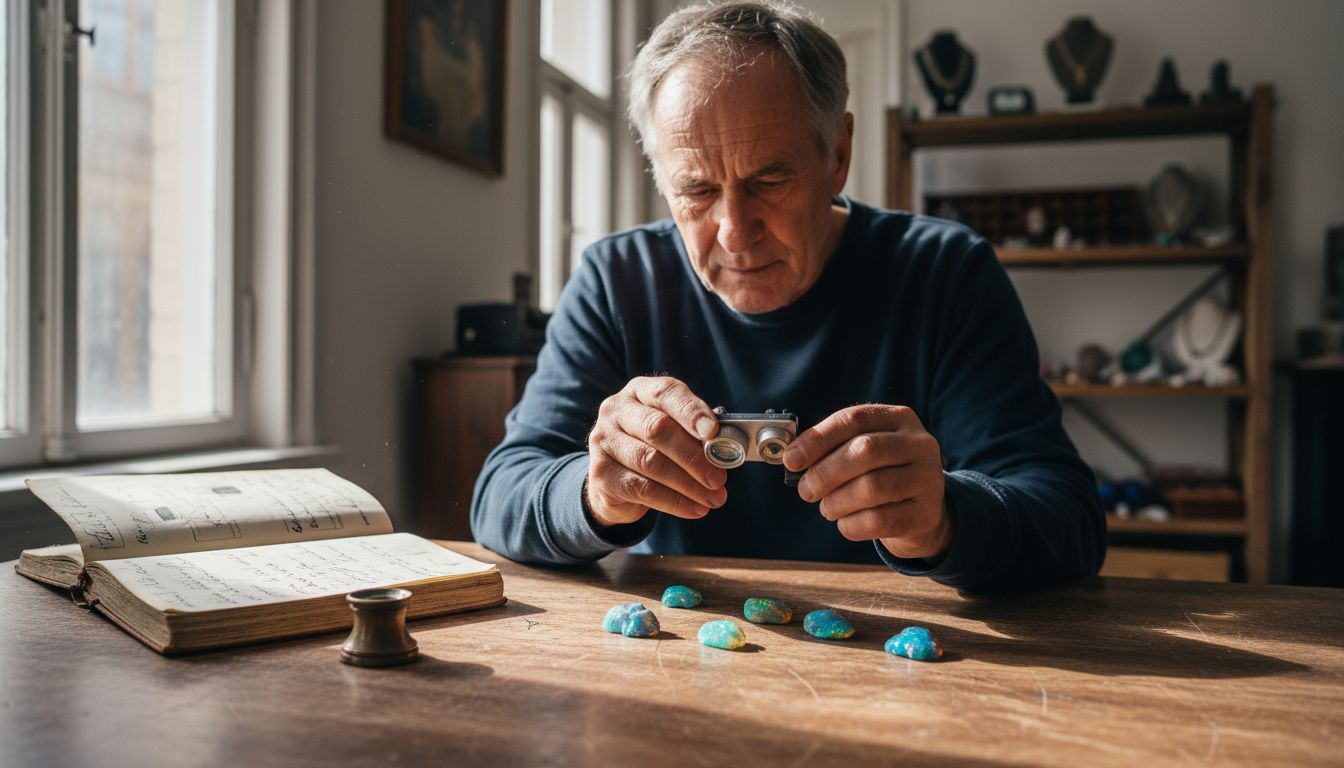Ein Sammler begutachtet Matrix-Opale auf dem Tisch.