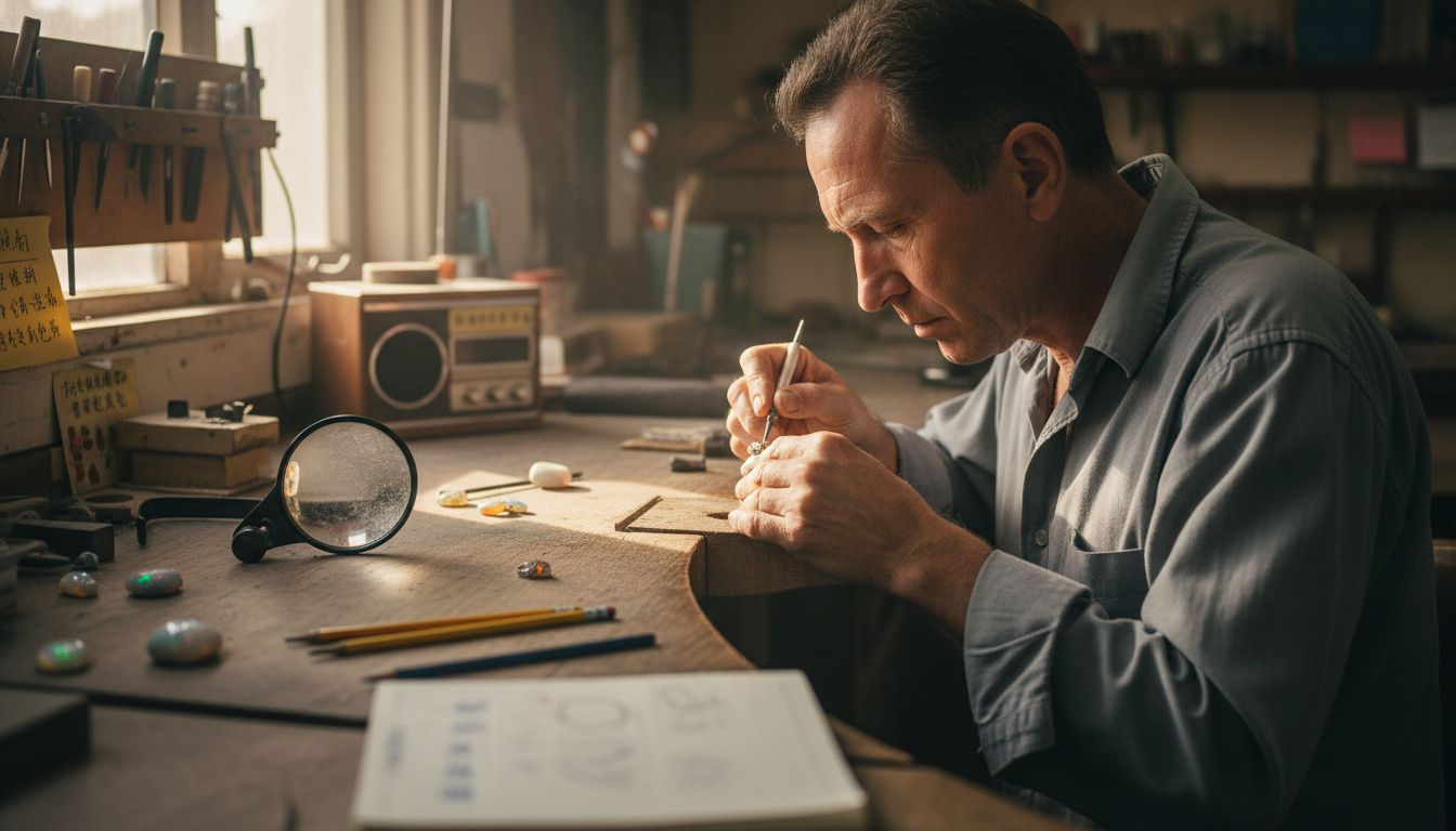 在澳大利亚,一位技艺精湛的工匠正在专心雕琢欧泊戒指,打磨每一个细节,让宝石焕发出独特的光彩。