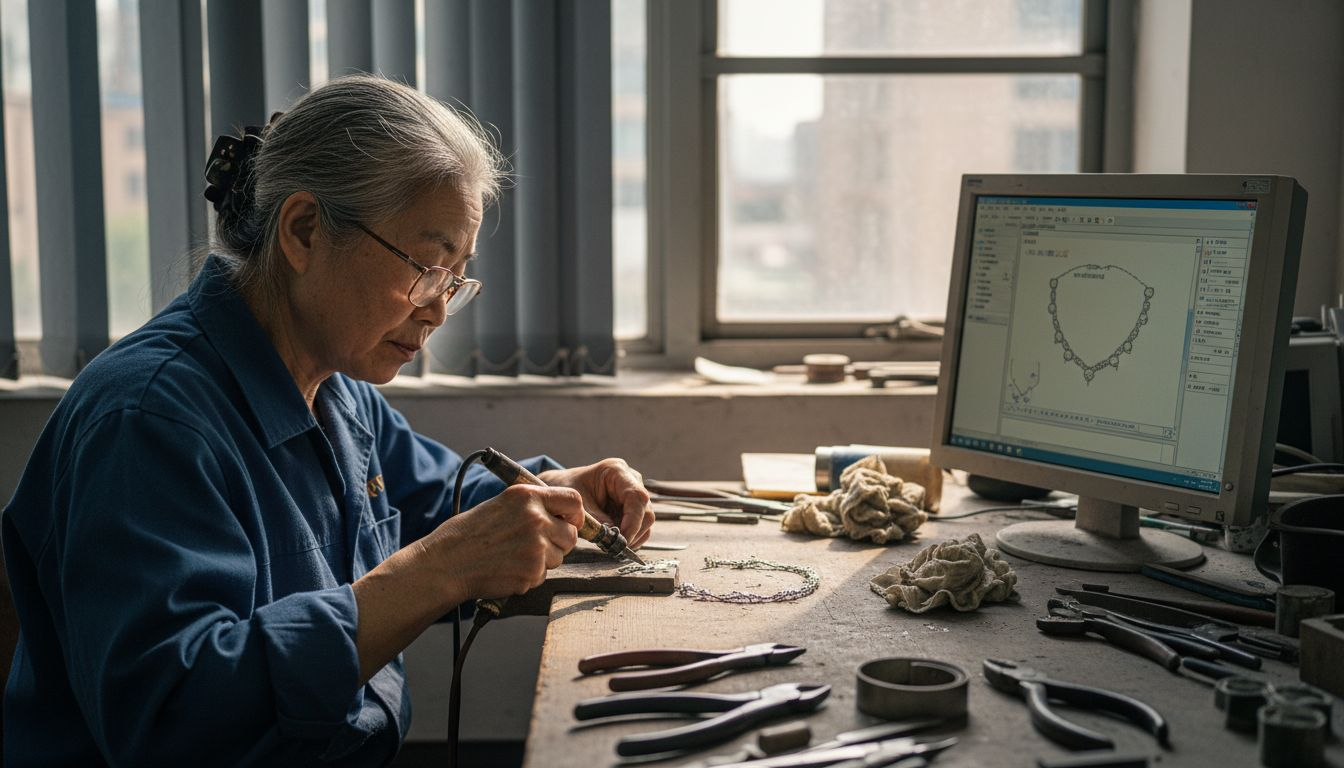 一位女工匠正在专注地用手工焊接珠宝项链,展现出精湛的工艺与细腻的匠心。