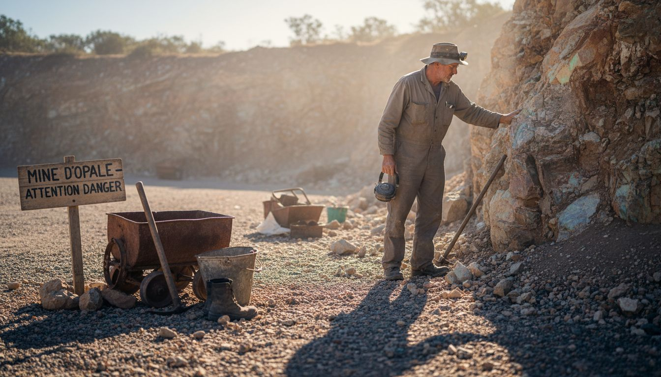 Un mineur observe attentivement une carrière d’opale à ciel ouvert.