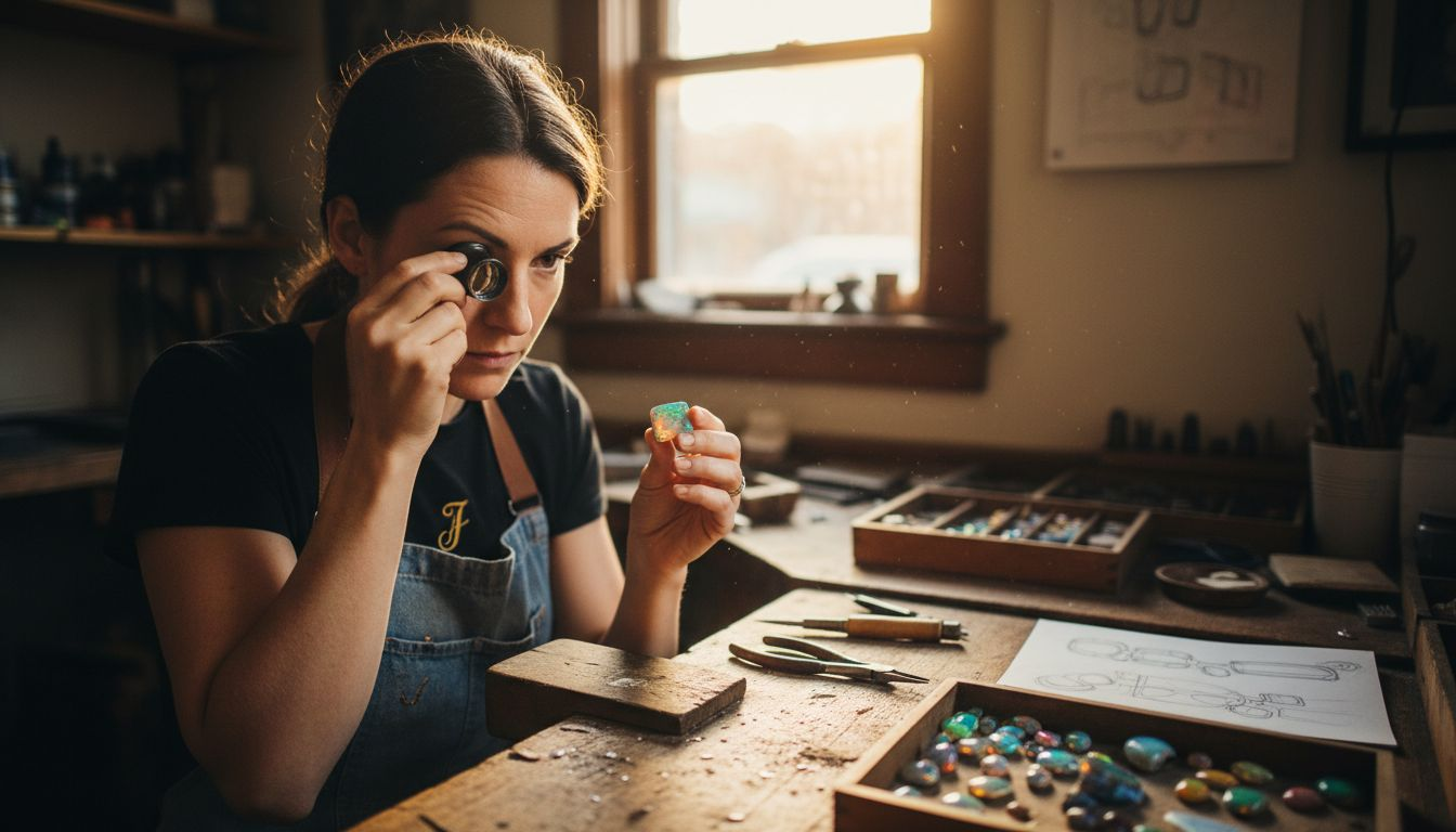 Jeweler inspecting opal in design studio