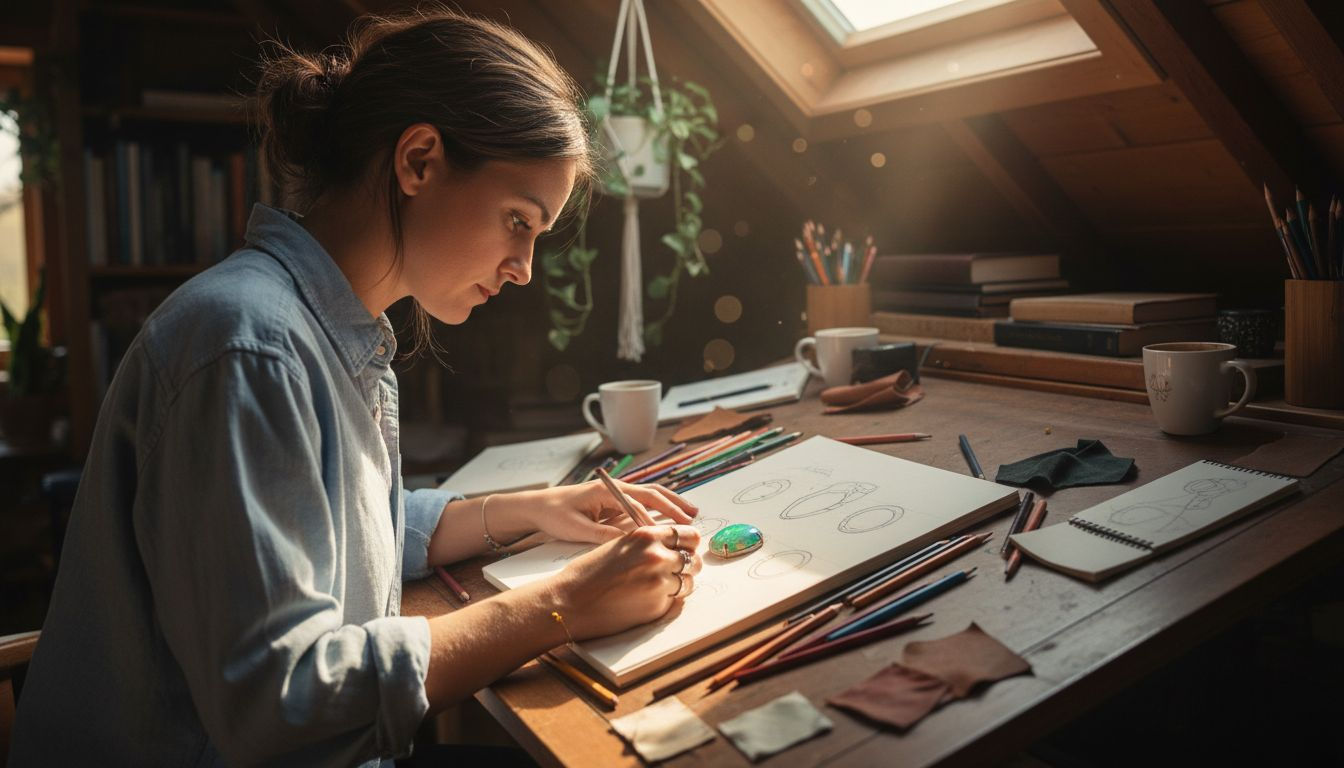 Jewelry designer sketching next to opal