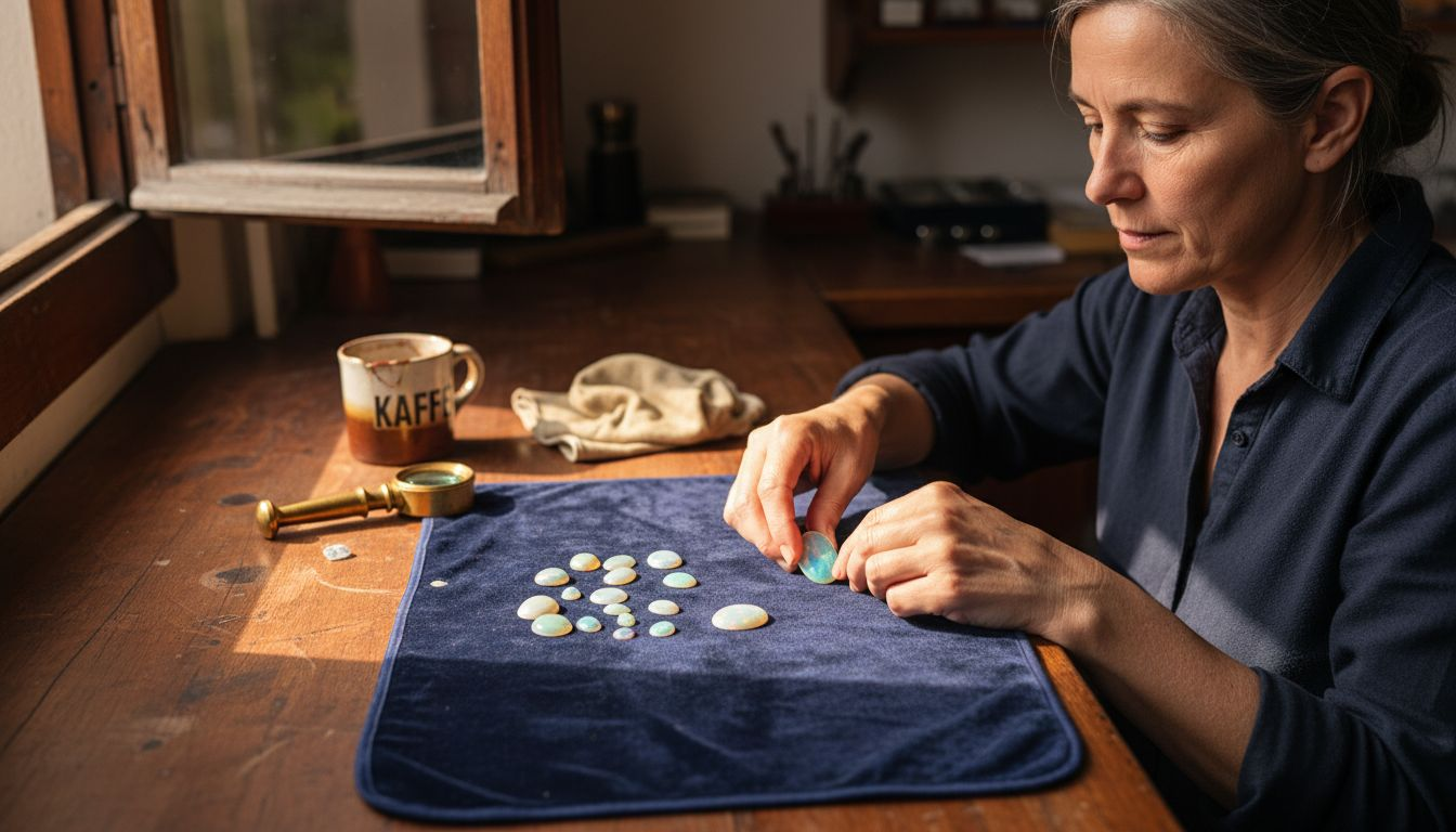 Ein Juwelier begutachtet seltene Opale, die auf edlem Samt ausgebreitet sind.