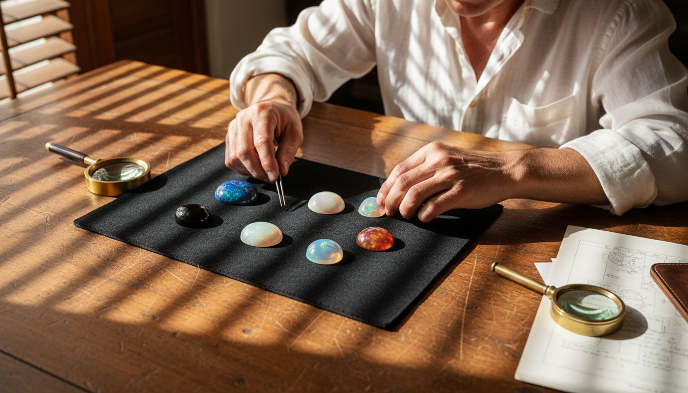 Une sélection de pierres d’opale minutieusement observées pour en apprécier la qualité et les nuances.