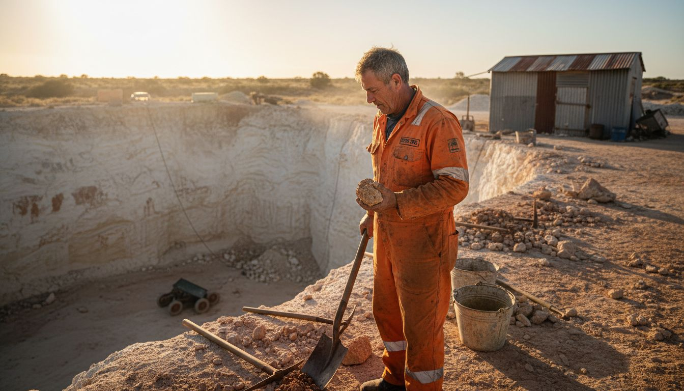 澳大利亚矿工在蛋白石矿区辛勤作业，挖掘出色彩斑斓的宝石，展现出一幅独特的矿山风景。