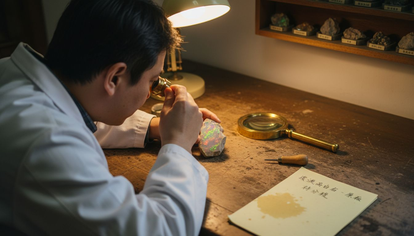 地质专家细致研究蛋白石原石的微观结构