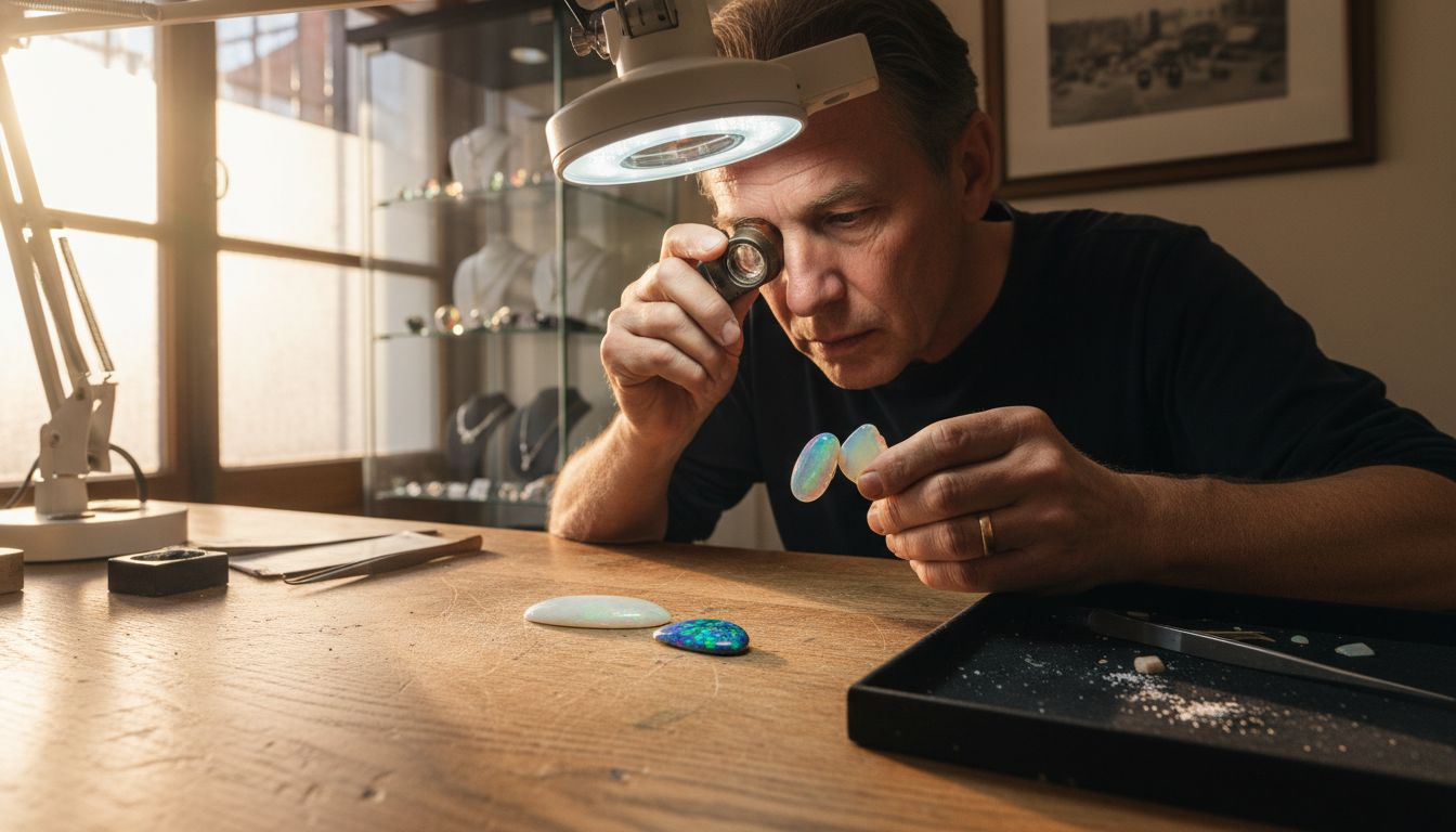 Ein Juwelier vergleicht Schwarze Opale mit Weißen Opalen und stellt dabei die Unterschiede und Besonderheiten beider Edelsteine heraus.