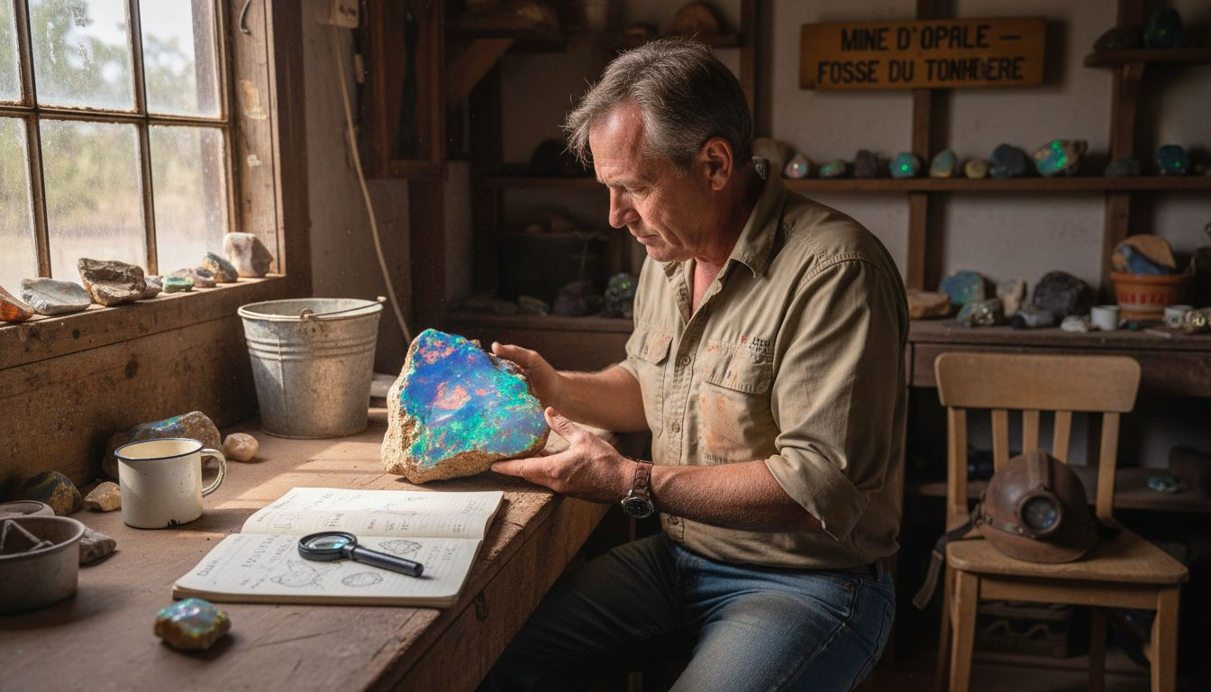 Un géologue examine de près une opale brute provenant d’Australie.