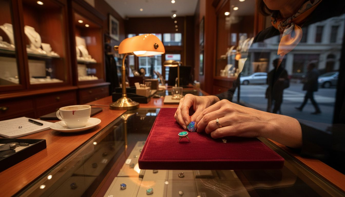 Jeweler arranging opal ring in boutique