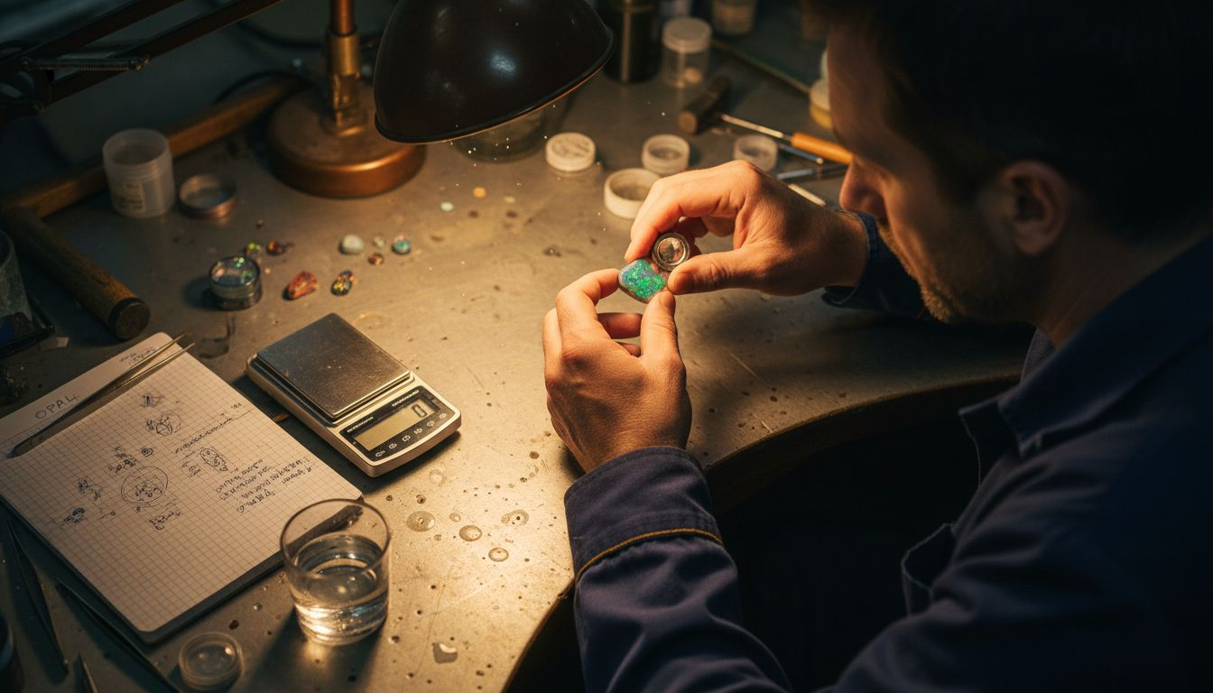 Opal gemologist examining black opal