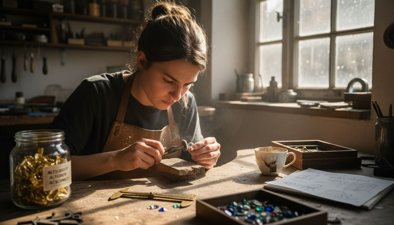 Schmuckdesignerin, die in einem nachhaltigen Atelier arbeitet