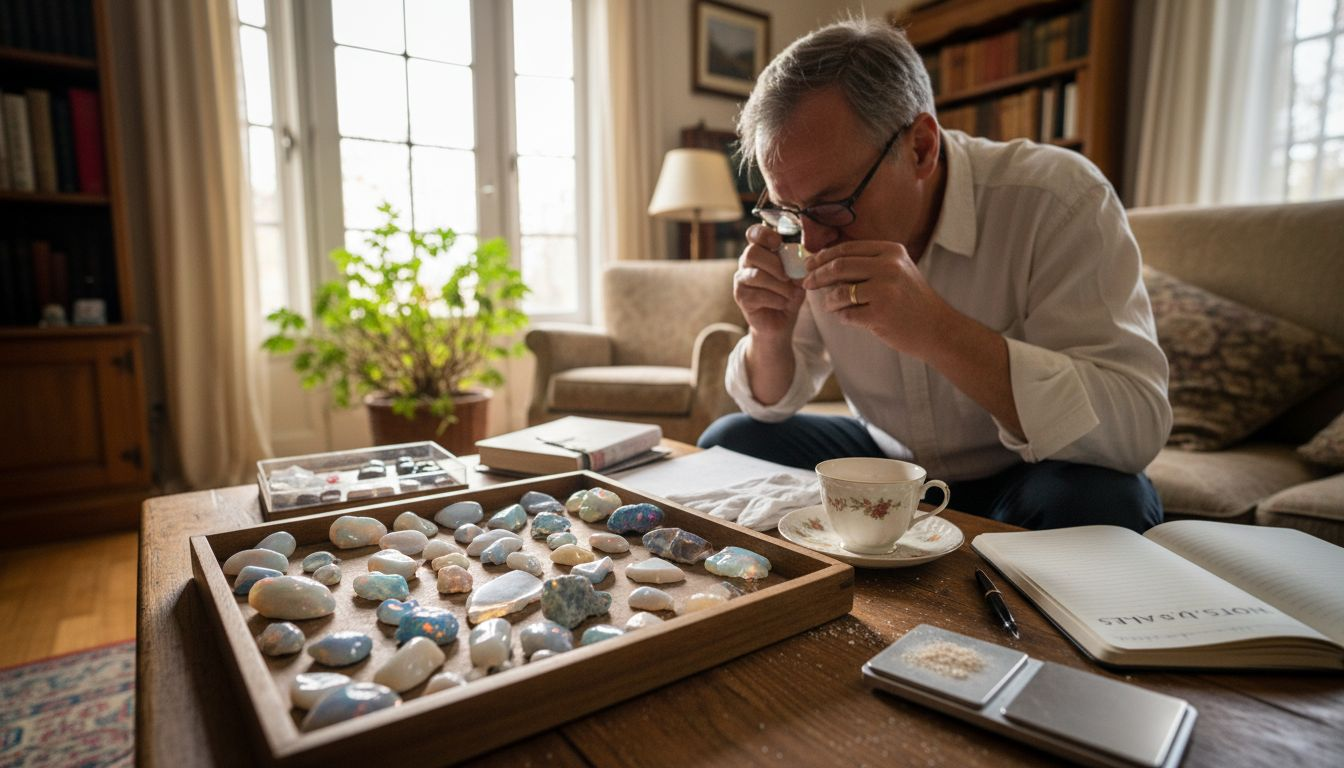 Chez lui, un passionné de minéraux observe attentivement plusieurs opales hydrophanes, examinant chaque pierre sous toutes ses facettes.