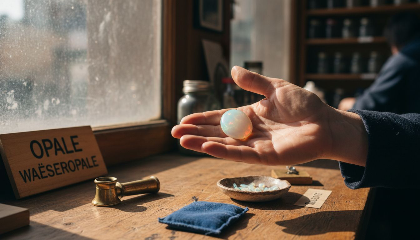 Eine Hand hält einen Wasseropal und betrachtet ihn neugierig am Tresen.
