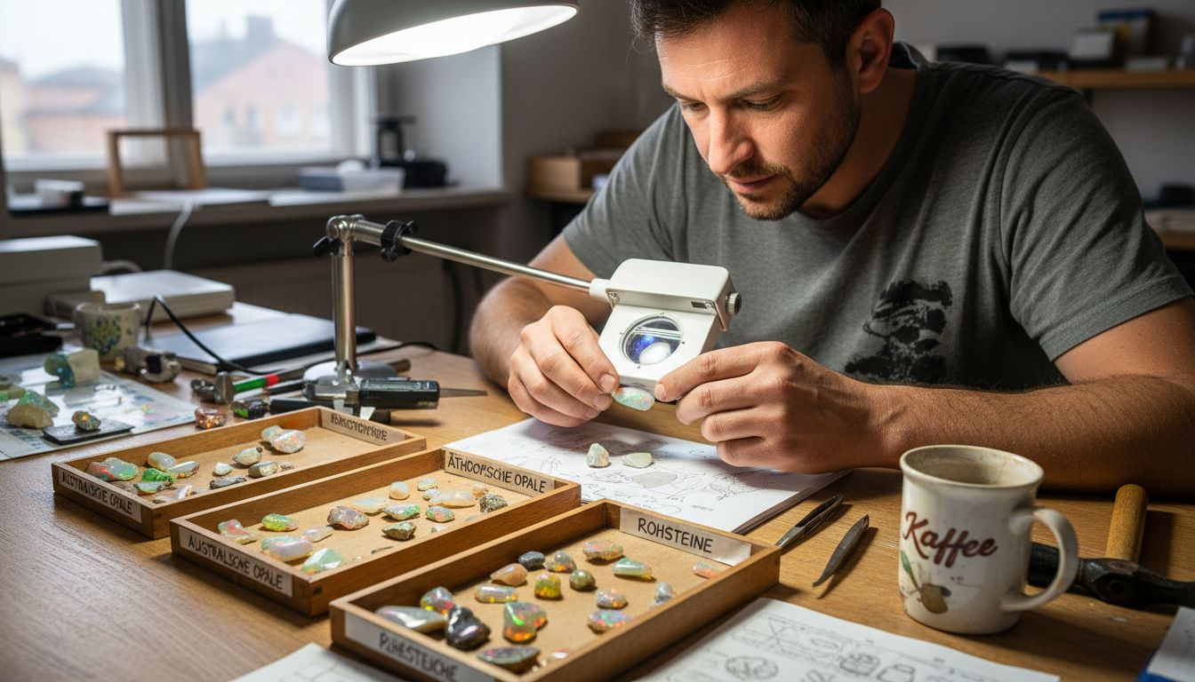 Ein Gemmologe untersucht im Labor verschiedene Opalarten und vergleicht ihre Eigenschaften.