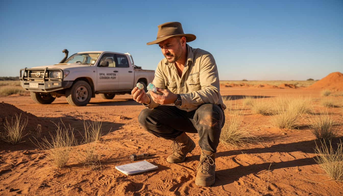 Un géologue sur le terrain, à l’affût des opales dans les paysages australiens.