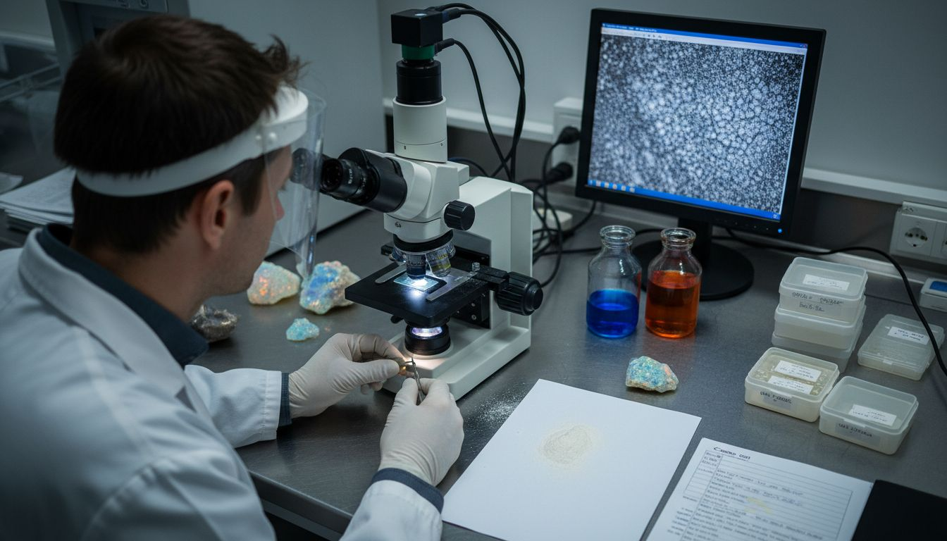 Un chercheur analyse une opale au microscope dans un laboratoire.