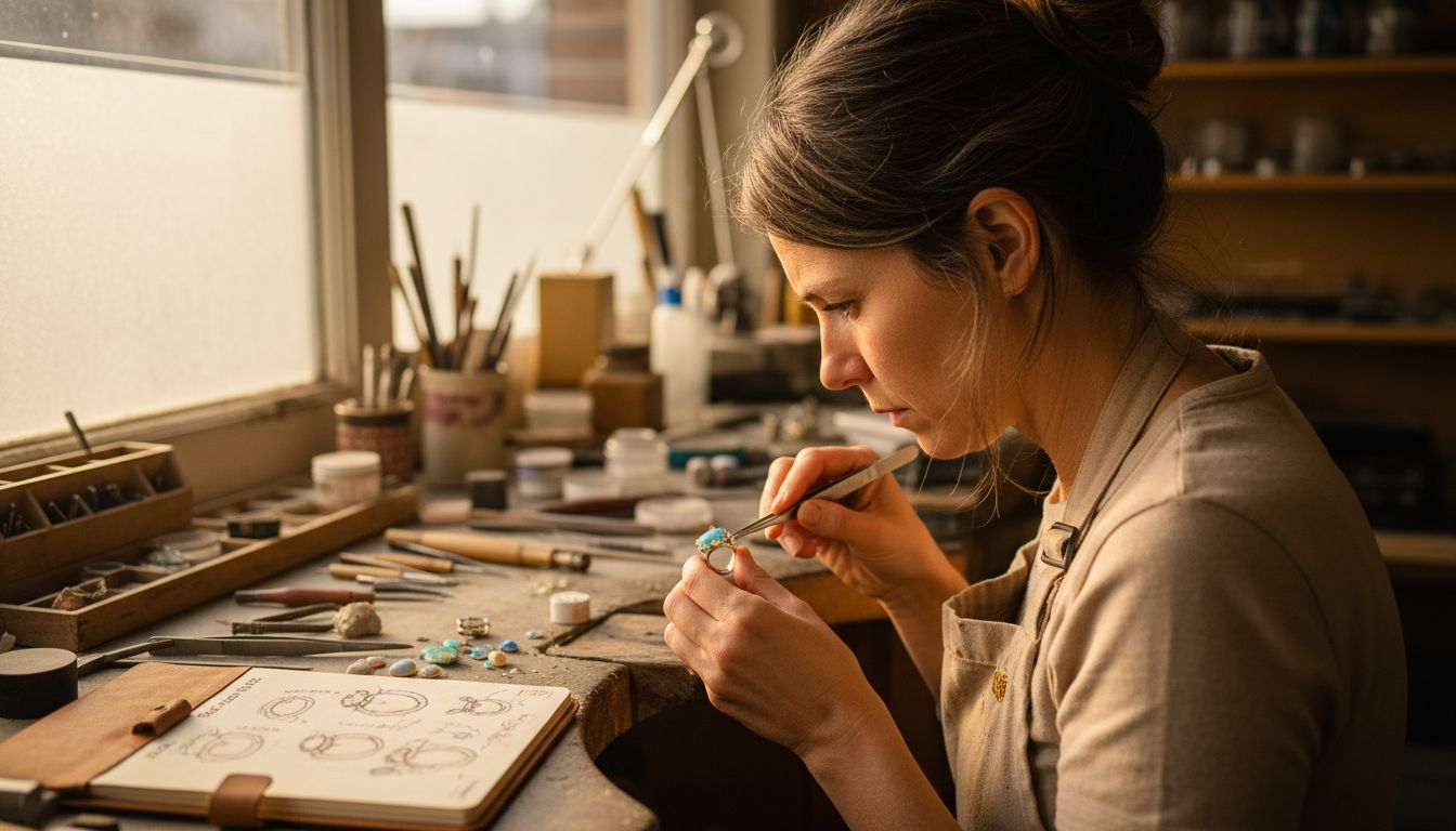 Jeweler setting Australian opal in ring