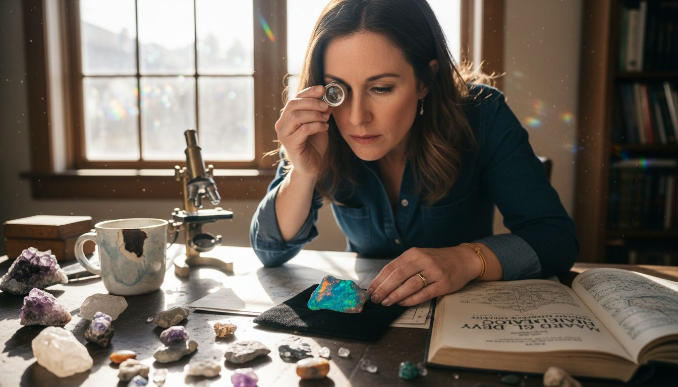 Gemologist inspecting black opal coloration