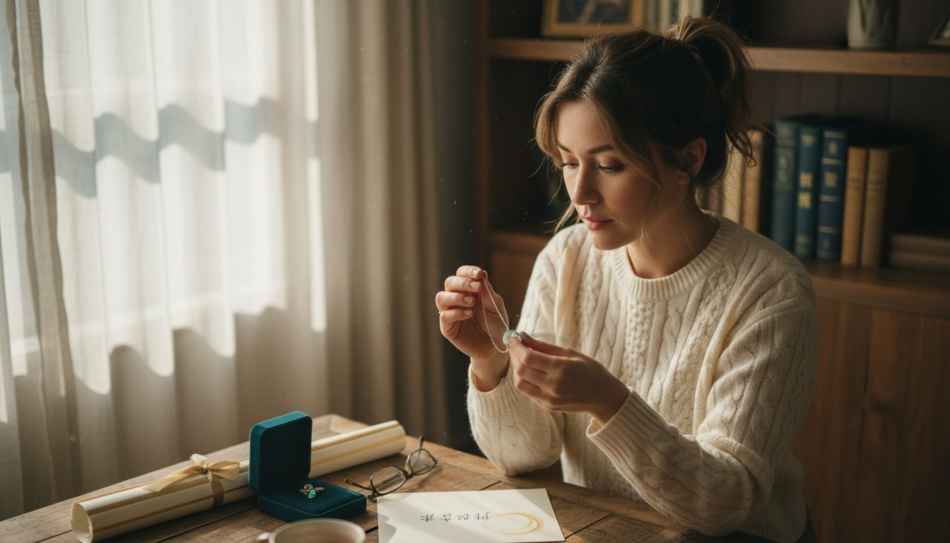一位女士正在精心挑选蛋白石首饰，准备作为礼物送给心爱的人。