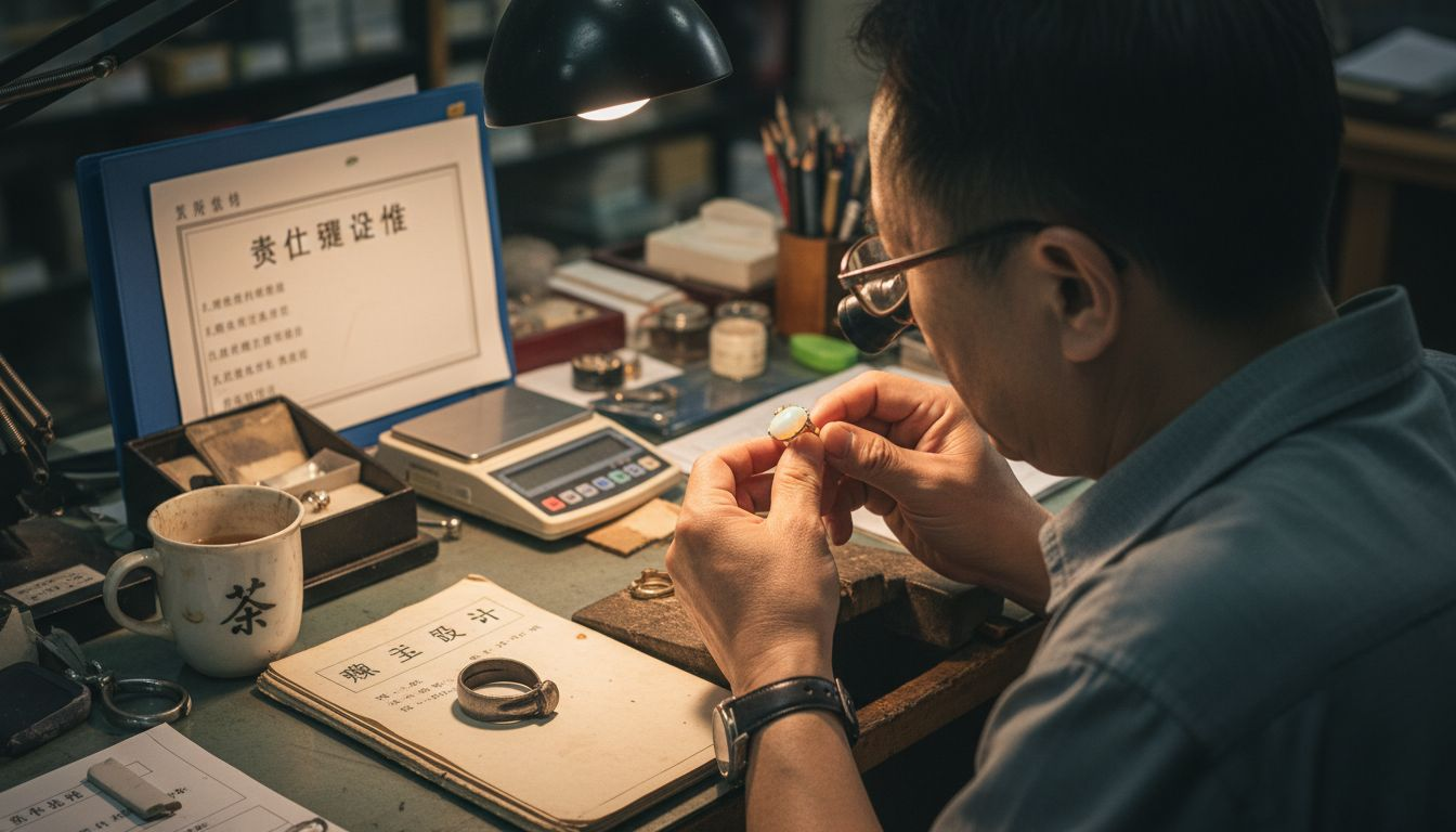 珠宝鉴定师正在仔细核查欧泊戒指的鉴定证书，确保各项信息真实可靠。