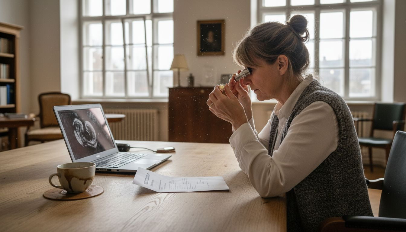 Eine Frau begutachtet einen Opalring an ihrem Schreibtisch.